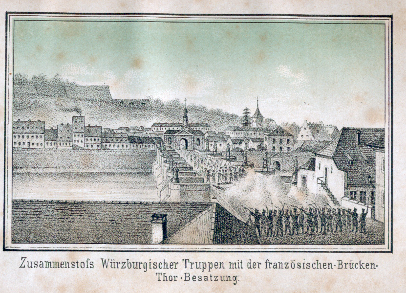 Bayerisch-österreichische Soldaten gegen französische Soldaten, Schlacht, Alte Mainbrücke